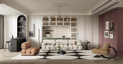 法式奶油风客厅 沙发茶几组合 西橱柜 吊灯 石膏线条 吧台椅